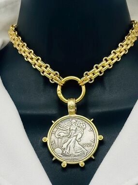 Gold Plated Stainless Steel Coin Pendant Necklace Walking Liberty Chunky